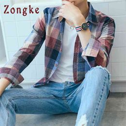 Zongke Plaid Men Shirt Long Sleeve Cotton Linen Japanese Streetwear 5XL Casual Clothes 210626