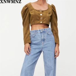 women Fashion corduroy crop top Vintage Female Chic round neck long sleeve metal buttons Blouses Tops 210520