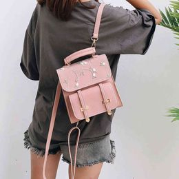 Women Backpack School Teenage Girls Small Shoulder Bag Leather Fashion Backpack High Quality Floral Embroidery Design Rucksack Y1105