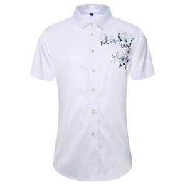 45KG-105KG Summer Casual Mens Shirts Soft Cool Button Down Short Sleeve Elegant Flower Print Male Blouses 4XL 5XL 210528