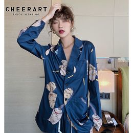 Ukiyoe Hannya Print Long Blazers Women Blue Autumn Designer Jacket Coat Suit Blazer Fall 210427