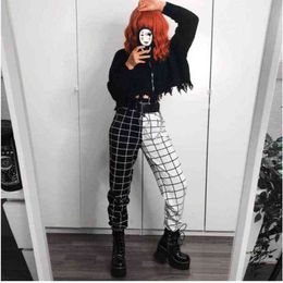 Black&White Plaid Patchwork Cargo Pants Women High Waist Loose Jogging Sport Casual Punk Style Cool Street Jogger Sweatpants H1221