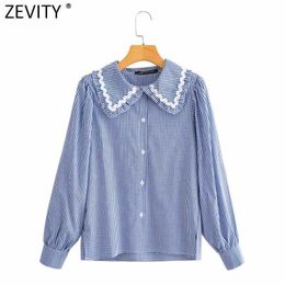 Zevity Women Sweet Peter Pan Collar Plaid Print Casual Blouse Office Lady Puff Sleeve Ruffle Retro French Shirt Chic Tops LS9274 210603