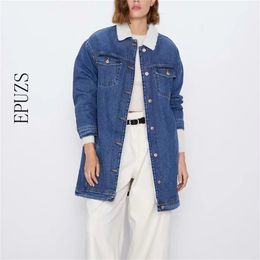 winter coat Vintage thick Denim jacket women jeans long sleeve pddad female wool 210521