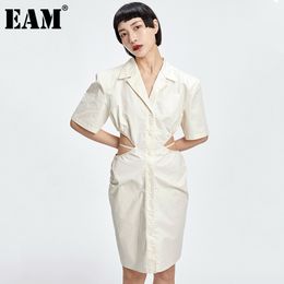 [EAM] Women Apricot Waist Hollow Out Shoulder Padded Dress Lapel Short Sleeve Loose Fit Fashion Spring Summer 1DD8354 21512