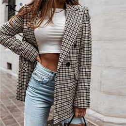 Women Plaid Blazers Double Breasted Long Sleeve Loose Blazer Notched Elegant Office Ladies Tops Casual Streetwear Autumn Fashion 211006