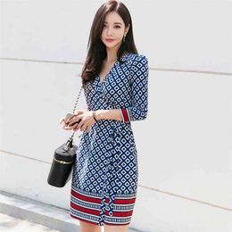 vintage wrap korean ladies plaid half Sleeve V neck streetwear women casual Mini dress clothing 210602