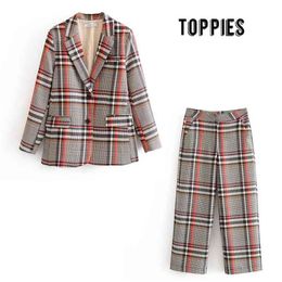 vintage plaid suit set womens blazer and pants formal work two piece single breasted jacket 210421