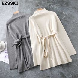 thick warm chic oversize Sweater Pullover Women winter autumn Female sweater loose long sleeve casual with sash 211011