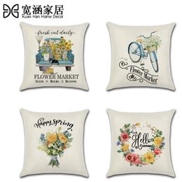 Nordic Spring Theme Pillowcase Home Textile Cotton Floral Pillow Covers Wedding Decorative Bicycle Cushion Cover Square 45X45cm Cushion/Deco