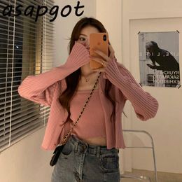 Sweaters&Jumpers Spring Chic Sweet Girls Fashion Short V Neck Long Sleeve Pink Knitted Cardigan Jacket Thin + Camisole Sets 210610