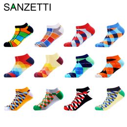 SANZETTI 6-12 Pairs/Lot Men's Ankle Casual Novelty Colourful Summer Happy Combed Short Plaid Dress Boat Socks