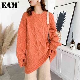 [EAM] Orange Big Size Knitting Sweater Loose Fit Round Neck Long Sleeve Women Pullovers Fashion Autumn Winter 1DA699 21512