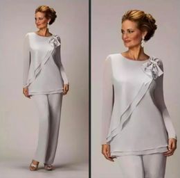 Two Pieces Mother Of The Bride Pants Suit For Weddings Cheap Chiffon Mother's Groom Pantsuits Long Sleeve Mothers Formal Wear