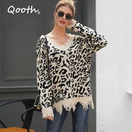 Qooth Leopard Printed Office Lady Pullover Sweater Autumn Winter Long-Sleeved Large Size Womens V-neck QT671 210609