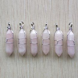 Hexagonal Natural Stone Charms Pink Rose Quartz Pillar Shape Point Handmade Iron Wire Pendant for Jewelry Making