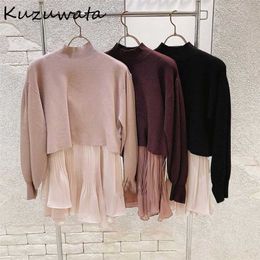 Kuzuwata Autumn Sweaters Japanese Jumpers Long Sleeve Back Drawstring Knitted Pullover Patchwork Pleated Ruffled Sling Sets 211215