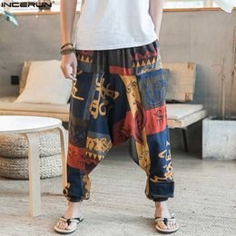 Ethnic Retro Men's Cross-Pants Wide Leg Linen Harem Pants Men Elastic Waist Loose Print HipHop Pants Man Joggers Crotch Trousers Y0811