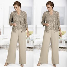 Three Pieces Mother Of The Bride Suits With Lace Jacket 2021 Chiffon Pants Suit Wedding Guest Dresses Mom Formal Occasion Party Gowns