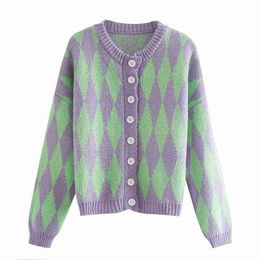 sweet green plaid women cardigan spring fashion o neck ladies sweaters casual button-fly female knitwears girls chic 210527