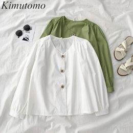 Kimutomo Solid Long-sleeved Shirt Spring Women Korean Chic Fashion Female V-neck Single Breasted Tops Outwear Casual 210521