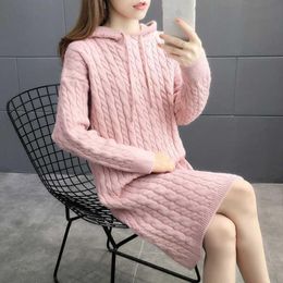 Casual Dresses Hedging Twist Knit Hoodie Sweater Ladies Dress 2021 Autumn And Winter Knitwear Korean Loose Simple Long Pullover Jumper Top