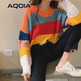 Winter Bohemian Women Sweater Rainbow colors Striped V Neck Knit Short Pullovers Korea Tassel Long Sleeve Female Clothing 210521