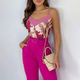Women's Two Piece Pants Fashion Set Casual Wear Suits Outfit FloralPrint Spaghetti Strap Top & High Waist