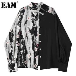 [EAM] Women Black Spliced Print Big Size Blouse Lapel Long Sleeve Loose Fit Shirt Fashion Spring Autumn 1DD5888 210512