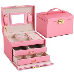 jewellery box with lock Canada - Jewelry Pouches, Bags Large Jewellery Box And Packaging Display Organizer Girls 3 Drawers Ring Earring Storage Holder Carrying Lock Case Gif