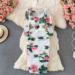 Spring Autumn Floral Print Vintage Women Dress Elegant Ruched Bodycon Midi Square Collar Padded Slim Sexy Party 210603
