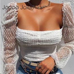 Elegant Polka Dot Mesh Blouse Women Sexy Lace Shirt Casual Ruched Long Sleeve Square Collar Skinny Tops Outwear 210428