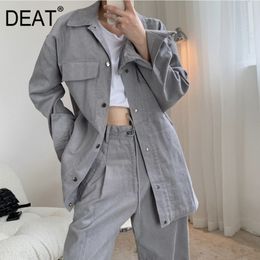 DEAT Loose Jacket New Stand Collar Long Sleeve Women Grey Patchwork Pockets Single Breasted Coat Fashion Tide Summer 7E0493 210428