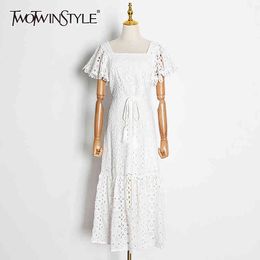 TWOTWINSTYLE Elegant Hollow Out Dress For Women Square Collar Short Sleeve High Waist Maxi White Dresses Female Fashion Summer 210517