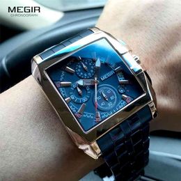 MEGIR Men's Stainless Steel Watches Men Fashion Luxury Blue Rose Gold Wristwatch Man Waterproof Luminous Military Sport Watch 210329