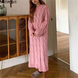 Thicken Twisted Knitted Korean Long Sweater Dress Women Autumn Winter Sleeve O-neck Hollow Straight Loose Vestidos 210513