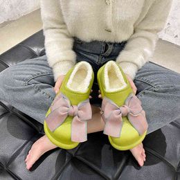Winter Women Home Furry Slippers Two Wear Non-Slip Plus Velvet Slides Warm Hairy Closed Shoes Indoor Wedges Bowknot Slippers H1115