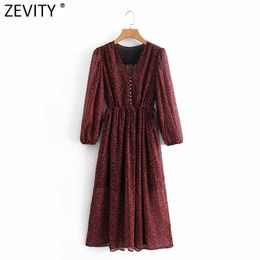 Zevity Women Vintage V Neck Pleats Puff Sleeve Leopard Print Midi Dress Lady Striped Casual Slim Retro Party Vestido DS4730 210603