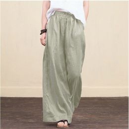 Women Spring Summer Solid Cotton Linen Wide Leg Pants Casual High Waist Palazzo Loose Pocket Trouser Long Pantalon Plus Size 5XL 210915