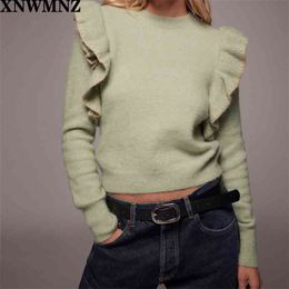 women Vintage knit ruffle trims sweater Fashion O neck long sleeve ruffled shoulders Sweater Female Chic Tops 210520