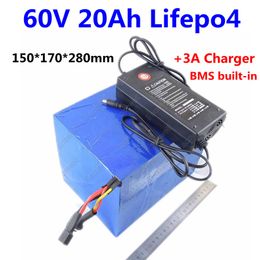 Powerful 60v LiFePo4 battery pack electric bike 20ah lithium 1000w 1500W 2000w for electric motor ebike 2000 cycles + 3A Charger