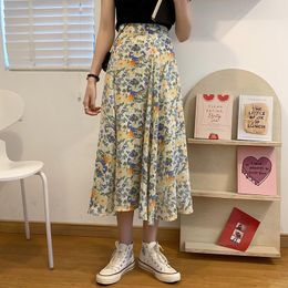 Skirts Floral Print Chiffon Women High Elastic Waist Vintage Harajuku A-Line Long Elegant Casual Skirt Pink Green X327