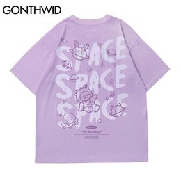 GONTHWID Harajuku Tshirts Cartoon Bear Rabbit Space Short Sleeve Tees Shirts Streetwear Hip Hop Fashion Casual Cotton Loose Tops C0315