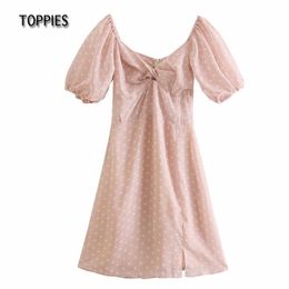 Pink Polka Dot Party Dress Woman Sexy V-Neck Summer Mini Puff Sleeve Chic vestido mujer 210421