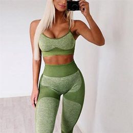 est Women Seamless yoga set Fitness Sports Suits GYM Yoga Tank Belt Bra Tops High Waist Running Leggings Workout Pants+Bras 210802