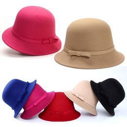 winter beret hats UK - Stingy Brim Hats Fashion Womens Autumn Winter Warm Wool Felt Bow Bucket Cap Top Hat Elegant All-match Beret Beanie Caps Wholesale