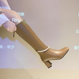 Boots 2021 High Heels Women Luxury Pearl Chain Soft Leather Autumn Winter Trend Fashion Casual Shoes Plus Size 34-43
