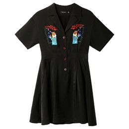 Vintage Black Animal Embroidery Notch Collar Short Sleeve Button Dress Empire Mini D1523 210514