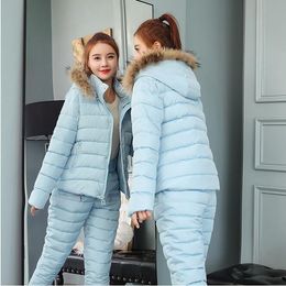 Duas peças vestido mulheres inverno quente conjunto de neve com capuz parka pant treino feminino down jaqueta de algodão terno