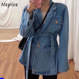 Neploe Autumn Turn-down Collar Lace Up Slim Waist Denim Coat Chic Button Double Pockets Jackets Women Solid Color Simple Tops 210423